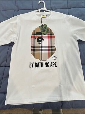 A Bathing Ape White Short Sleeve Tee with Plaid Ape Head